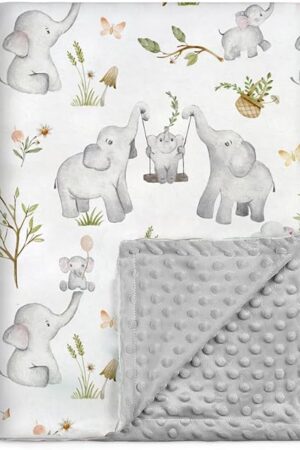 BOPRIO Baby Blankets for Unisex Boys Girls, Super Soft Nursery Minky Blankets with Baby Elephant Design and Dotted Fleece Backing, Printed Bed Throws Newborn