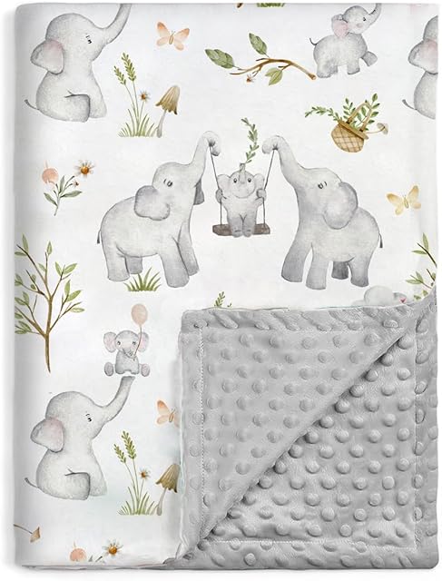 BOPRIO Baby Blankets for Unisex Boys Girls, Super Soft Nursery Minky Blankets with Baby Elephant Design and Dotted Fleece Backing, Printed Bed Throws Newborn