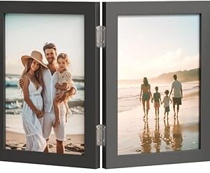 4 Picture Frame, 4x6 Four Folding Hinged Photo Frames, Rustic Wood Desk Family Photo Collage Stand Vertical on Tabletop for Birthday Family Lover Gift (Black)