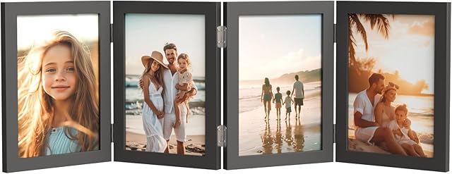 4 Picture Frame, 4x6 Four Folding Hinged Photo Frames, Rustic Wood Desk Family Photo Collage Stand Vertical on Tabletop for Birthday Family Lover Gift (Black)