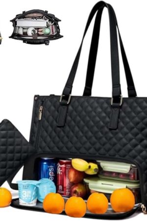 2 in 1 Tote Bag Lunch Bag Combo,Lunch Tote Bag for Women, Large Convertible Laptop Work Handbag for Women (Black)