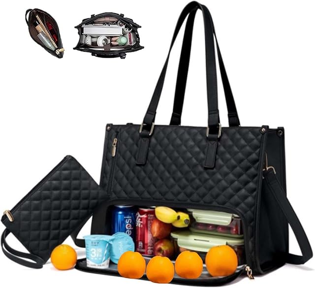 2 in 1 Tote Bag Lunch Bag Combo,Lunch Tote Bag for Women, Large Convertible Laptop Work Handbag for Women (Black)
