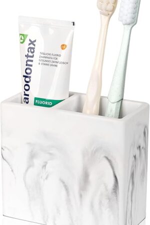 Diatomite Toothbrush Holder 2 Slots Tooth Brush Holder for Bathroom, Kids Electric Toothbrush and Toothpaste Organizer for Countertop, Shower, Vanity, Marble White