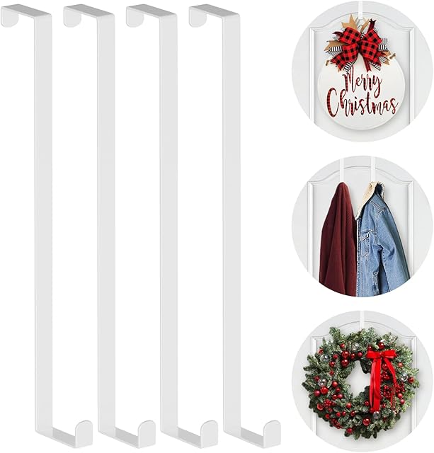 14" Over The Door Hooks, 4 Pack Widen Wreath Hangers Fit The 1-3/4" & 1-3/8" Door Thicknesses, Z-Shaped Metal Door Hanger Hooks for Hanging Wreaths, Hats,and Clothes (White-4Pack)