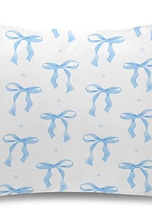 Blue Ribbon Bow Satin Pillowcase for Hair and Skin Silk Pillowcase, Queen Size(20x30 inches) - Satin Pillow Covers with Envelope Closure