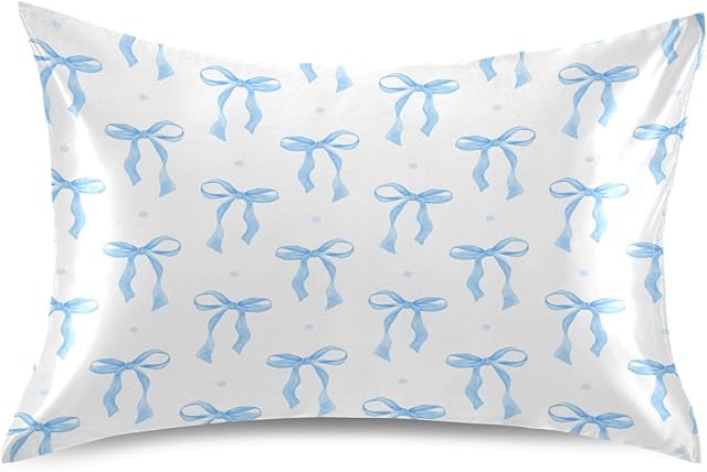 Blue Ribbon Bow Satin Pillowcase for Hair and Skin Silk Pillowcase, Queen Size(20x30 inches) - Satin Pillow Covers with Envelope Closure