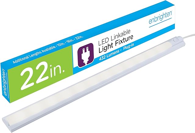 Enbrighten 22 Inch LED Premium Under Cabinet Light Fixture, Plug-In, Bright White 3000K, 432 Lumens, Plastic Housing, Built-In On/Off Switch, Perfect for Kitchen, Home Office, Garage, Workbench, 26536