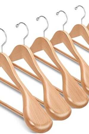 Amber Home 6 Pack Wide Shoulder Wooden Suit Coat Hangers with Non Slip Pants Bar, Solid Wood Jacket Clothes Hangers Smooth Finish for Sweater, Pants, Heavy Clothes (Natural, 6 Pack)