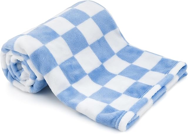 Baby Blanket Checkered 30"*40" Short Fleece Chenille Blue&White
