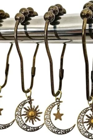 Decorative Moon Shower Curtain Hooks for Bathroom Shower Rods - Rustproof Curtain Rings Set of 12 with Vintage Moon Suns Stars Celestial Bodies Gothic Mystic Boho Theme Bathroom Decor (Bronze)