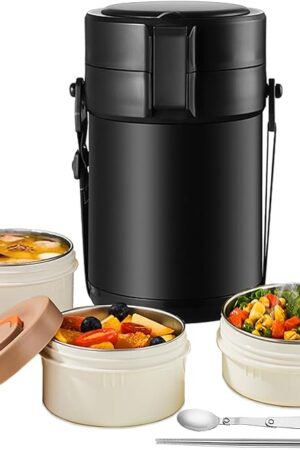 82oz Thermo Container For Hot Food, 3 Tier Wide Mouth Insulated Stackable Food Container, Hot Cold lunch box for Work Office Outdoors Picnic (BLACK)