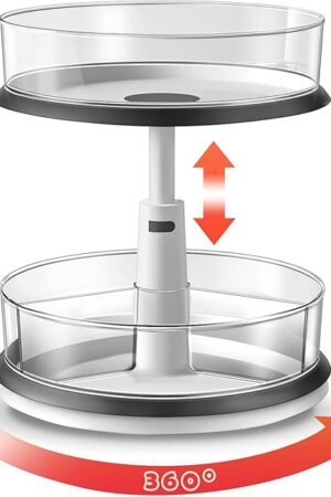 2 Tier Lazy Susan Organizer Clear Turntable for Cabinet Bathroom Countertop and Pantry with Large Spice Rack (11 Inch, White)