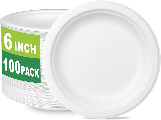 6 inch Small Compostable Dessert Plates,100 Count Heavyduty Sugarcane/Bagasse and Bamboo Fibre Biodegradable Disposable Paper Plate
