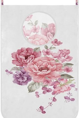 White Hanging Laundry Hamper Floral with Stainless Steel Hooks Oxford Fabric Decorative Door Laundry Clothes Bag 29.5X20inch 1PCS Pink Flowers Peony