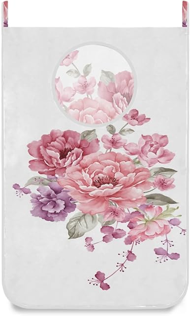 White Hanging Laundry Hamper Floral with Stainless Steel Hooks Oxford Fabric Decorative Door Laundry Clothes Bag 29.5X20inch 1PCS Pink Flowers Peony