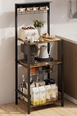 4 Tier Coffee Bar Station, Corner Bakers Rack with 5 Hooks & Wire Basket, Coffee Maker Stand for Small Space, Kitchen Storage Shelf for Entryway, Living Room, Café, Black, 16.5"x13"x47.8"
