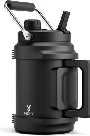 64 oz Insulated Water Bottle for Gym: Meoky Triple Wall Vacuum Stainless Steel Half Gallon Water Jug - Top and Side Handles, 2-in-1 Straw and Spout Lid, Cold for 36 Hrs, Leak Proof for Camping (Night)