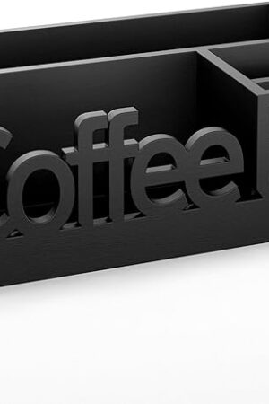 Coffee Bar Organizer for Countertop – Wooden Coffee Caddy with Compartments for Pods, Creamer, Sugar Packets, and Accessories – Coffee Station Storage for Home and Office (Black)