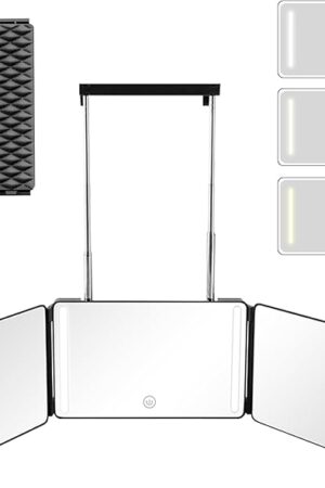 3 Way Mirror with LED Lights & 360° View,See Back of Head Trifold Barber Mirror for Self Haircut, Shaving & Braiding, Portable Travel Design with Hook for Home,Men & Women (Black)