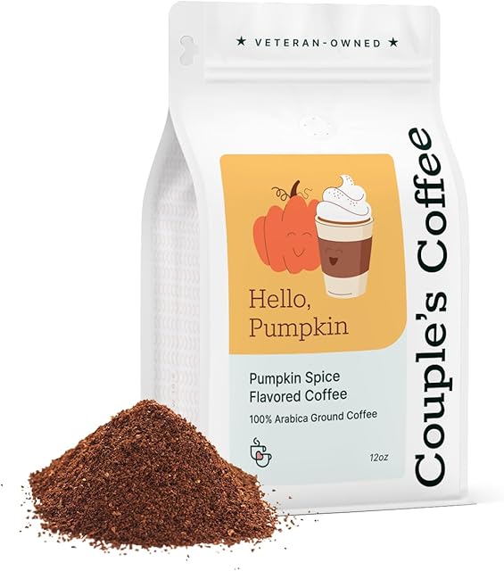 Couple’s Coffee Ground Coffee | Gives Back to Military Families | Hello Pumpkin | Medium Roast Pumpkin Spice Flavored Coffee | Made with 100% Arabica Beans | 12oz bag brews about 34 cups