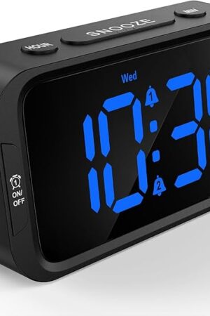 Digital Dual Alarm Clock for Bedroom, Easy to Set, 0-100% Dimmer, USB Charger, 5 Sounds Adjustable Volume, Weekday/Weekend Mode, Snooze, 12/24Hr, Battery Backup, Compact for Bedside(Blue)