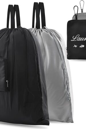 2 Pcs JHX Travel Laundry Bags, Dirty Clothes Organizer?Upgraded】with Handles and Aluminum Carabiner for Travel, Camp, Fitness, and Students (Black&Grey) 24"L x 21"W