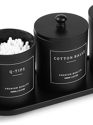 3 Pack Qtip Holder - Bathroom Organizers and Storage, Cotton Round Holder Cotton Swab Dispenser Cotton Ball Holder with Tray, Glass Apothecary Jars with Lids, Floss Pick Containers -black black