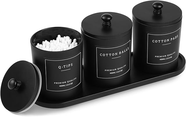 3 Pack Qtip Holder - Bathroom Organizers and Storage, Cotton Round Holder Cotton Swab Dispenser Cotton Ball Holder with Tray, Glass Apothecary Jars with Lids, Floss Pick Containers -black black