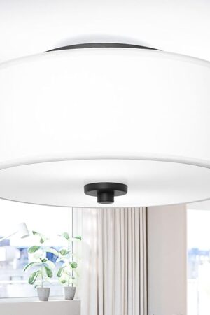 2-Light Flush Mount Ceiling light Fixture, 12" Modern Drum Shade with White Linen Fabric, Round Close-to-Ceiling Light for Bedroom Kitchen Living Room