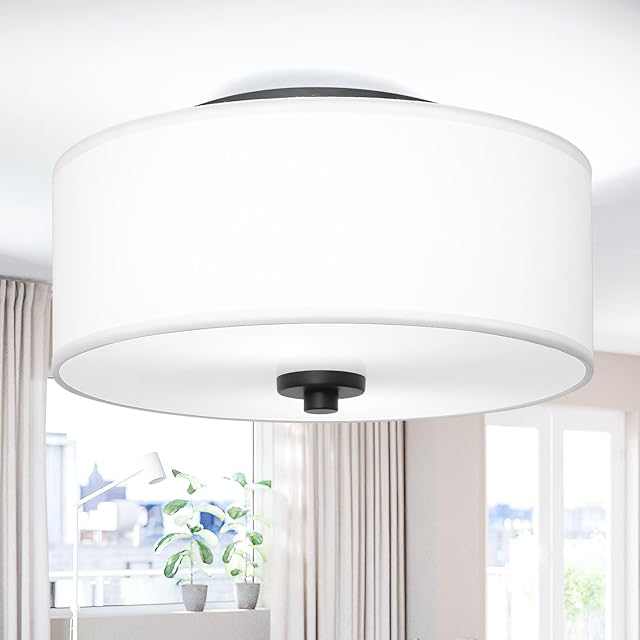 2-Light Flush Mount Ceiling light Fixture, 12" Modern Drum Shade with White Linen Fabric, Round Close-to-Ceiling Light for Bedroom Kitchen Living Room