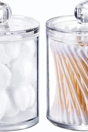 Wellinc Qtip Holder Dispenser for Cotton Ball - 10 oz Clear Plastic Apothecary Jar Set for Bathroom Canister Storage Organization, Vanity Makeup Organizer