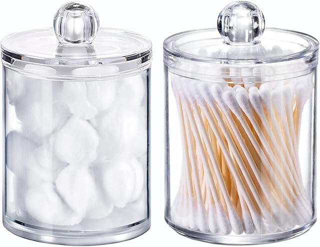 Wellinc Qtip Holder Dispenser for Cotton Ball - 10 oz Clear Plastic Apothecary Jar Set for Bathroom Canister Storage Organization, Vanity Makeup Organizer