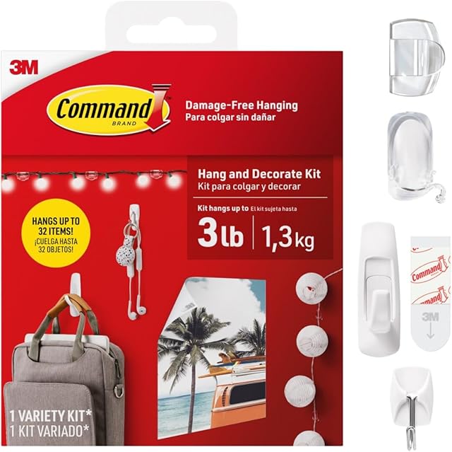 Command Hang and Decorate Kit, 6 Small Toggle Hooks, 2 Medium Utility Hooks, 4 Medium Cord Clips, 10 Light Clips, and 20 Poster Strips, Dorm Room Essentials