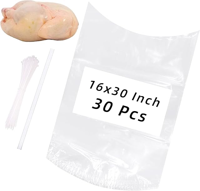 Large Turkey Shrink Bags,30 Pcs 16x30 Inches Clear Poultry Heat Shrink Bags Freezer with Zip Ties, Silicone Straw for Turkey,Chickens,Rabbits