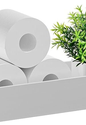 VITVITI Bamboo Toilet Paper Holder Storage, Bamboo Tray for Bathroom with Handle, Toilet Tissue Holder Organizer Basket Container for Toilet Tank/Kitchen Counter, Natural, White