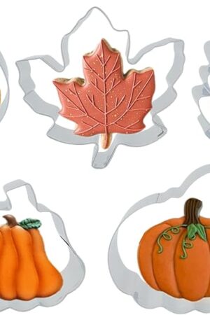 5 Pcs Thanksgiving and Fall Leaves Cookie Cutters, Maple Leaves, Oak Leaves, Aspen Leaves, Tall/Big Pumpkin Molds Holiday Biscuit Cutter