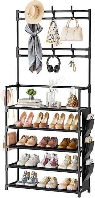 Shoe Rack 5 Tier Shoe Organizer Storage 15-20 Pairs Shoes Rack for Closet Entrance Shoe Rack Organizer with Hooks and Side Pocket Entryway Shoe Holder Space Saving Free Standing Shoe Racks