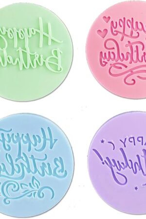 4Pcs Happy Birthday Fondant Embosser 3D Design Acrylic Mould Cookie Stamp, Cookie Cutters for DIY Baking Cake/Sugar Paste/Cupcake/Chocolate (3.15 inch, Random Colors)