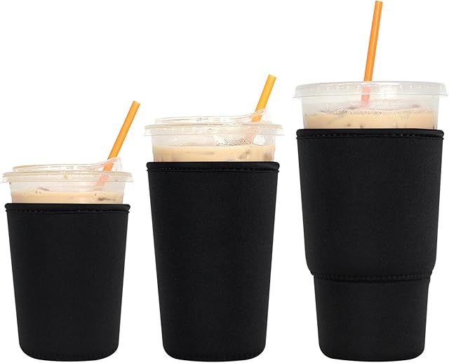 3 Pack Reusable Iced Coffee Sleeves - Xumbtvs Insulator Sleeve for Cold Beverages, Neoprene Coffee Cup Holder (Black)