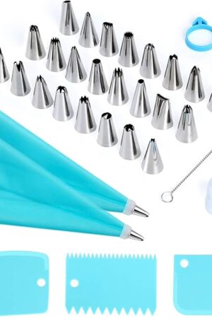 34-Piece Cake Decorating Kit – Piping Bags and Tips Set with 24 Stainless Steel Tips, 2 Reusable Silicone Piping Bags, 3 Smoothers, 2 Couplers, 2 Bag Ties, and 1 Brush for Baking & Cake Decorating