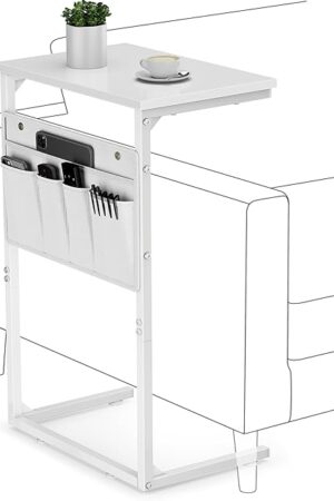 Vagusicc C Shaped End Table, 28'' Tall Side Table for Couch Recliner, Small Couch Side Table, Tall Couch Desk Slide Under Sofa Table TV Tray Arm Tables with Metal Frame for Living Room, Bedroom, White
