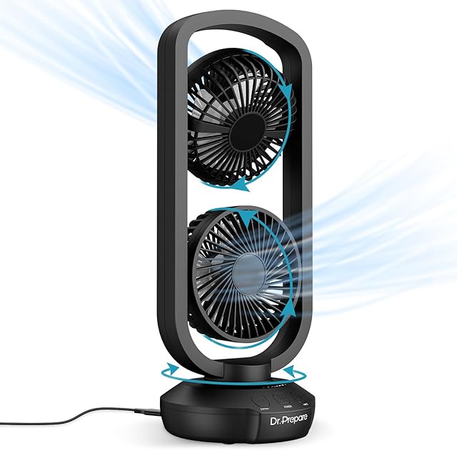 DR.PREPARE Small Tower Fan Oscillating Table Fans with 270° Tilt 105° Oscillating 3 Speeds 3 Auto-Off Timer USB Desk Fan