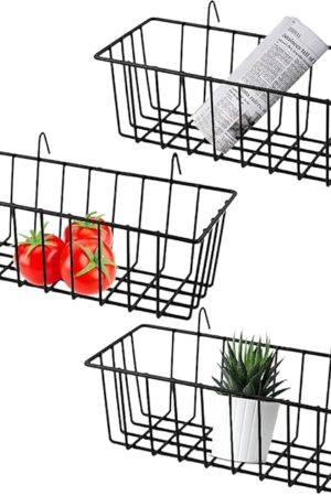3 Pack Grid Panel Hanging Wire Basket, Storage and Display Basket for Wall, Kitchen, Home Decor Supplies, Potted Plants, Black