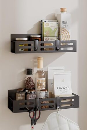 2 Pack Magnetic Spice Rack for Refrigerator, Black Magnetic Shelf and Fridge Kitchen Cabinet Organizers Storage Seasoning Organization Mini Shelves, Organizadores de Cocina