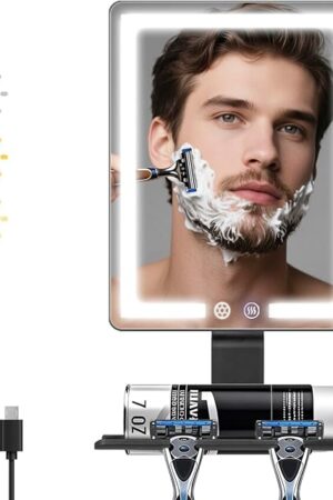 DESCHEN 2025 Updated Heated Shower Mirror Fogless for Shaving Men with 3 Color Lights, 5000mAh Rechargeable Anti Fog Shaving Mirror for Shower Fogless, 12.5×8" Borderless Mirror with Razor Holder