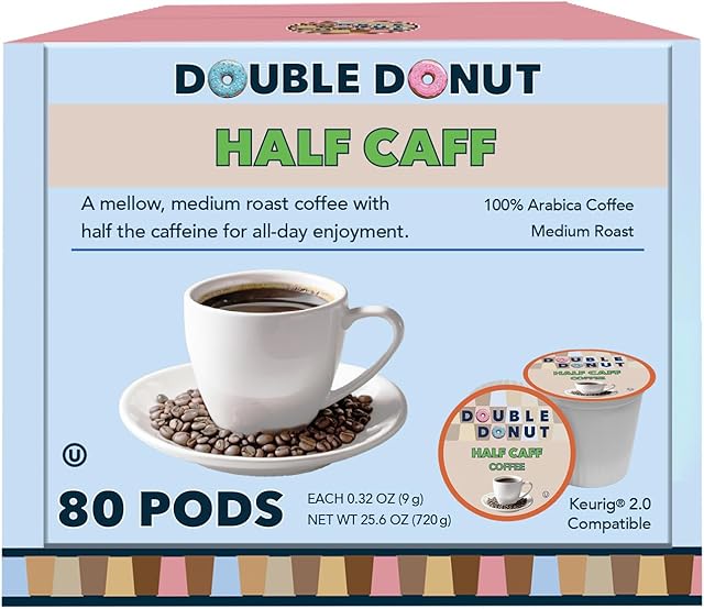 Double Donut Half Caff Coffee Pods, Single Serve Half Caffeine Coffee Pods For Keurig K Cup Brewers, Medium Roast, 80 Count