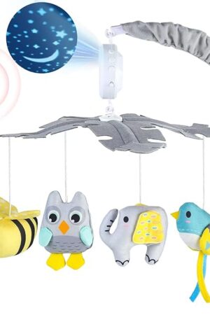 VZO Baby Crib Mobile with Music and Lights, Mobile for Crib with Remote Control, Rotation, Starlight Projection, Crib Toys for Babies Boys Girls Gray