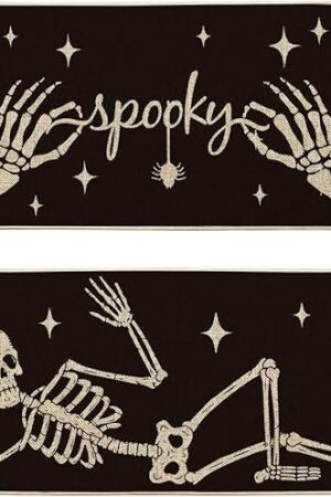Artoid Mode Spooky Skeleton Spider Bone Black Halloween Kitchen Mats Set of 2, Black Home Decor Low-Profile Kitchen Rugs for Floor - 17x29 and 17x47 Inch