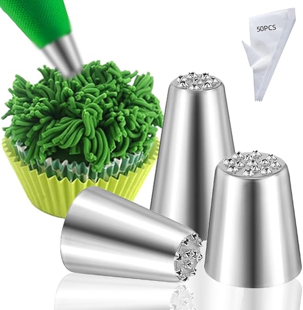 3 Size Grass Piping Tips and Bags Set,Grass Icing Tips for Cake Decorating with 50 Disposable Pastry Bags,Fur Piping Tips for Grass, Fur, and Hair Frosting on Cupcakes,Cookies,Desserts