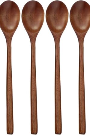 Wooden Spoons, 6 Pieces 9 Inch Wood Soup Spoons for Eating Mixing Stirring, Long Handle Spoon with Japanese Style Kitchen Utensil, ADLORYEA Eco Friendly Table Spoon